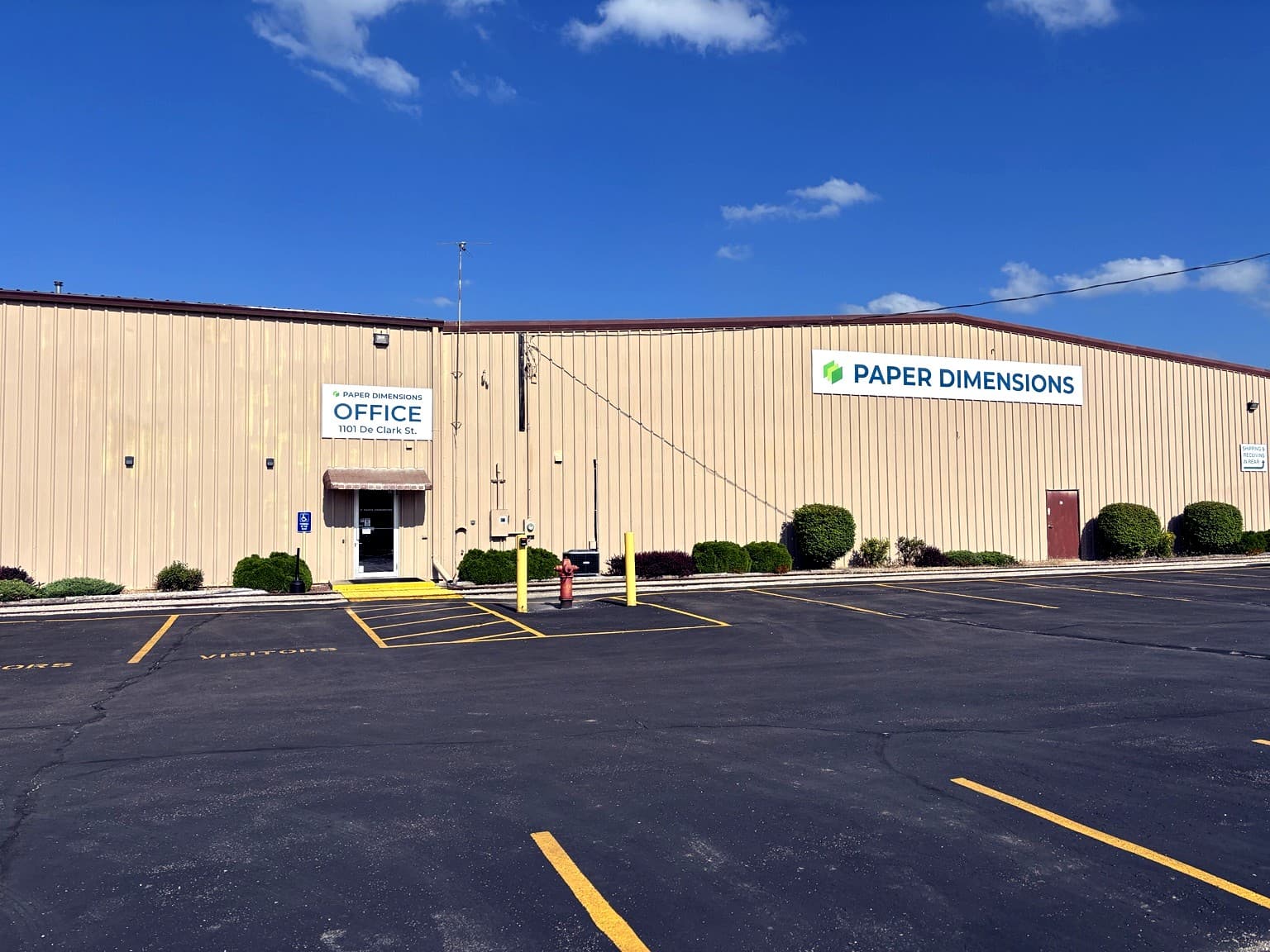 Main entrance of the Paper Dimensions facility in Beaver Dam, Wisconsin