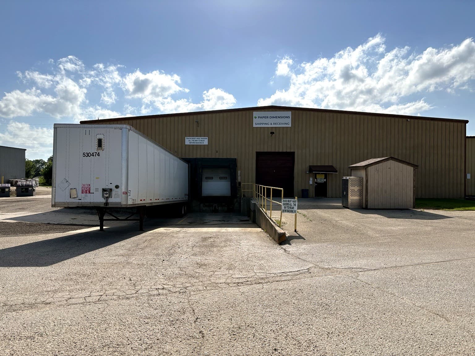 Shipping and receiving area at the Paper Dimensions facility in Beaver Dam, Wisconsin